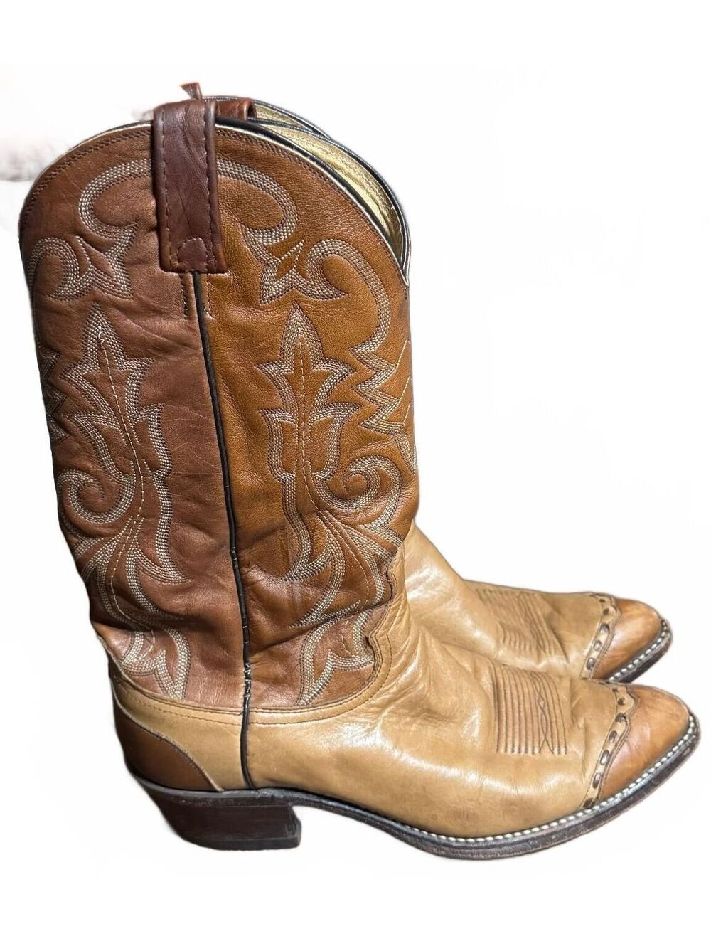 Dan Post Mens Cowboy Boots Tan Brown Leather Wingtip Western 9.5 D Vintage USA